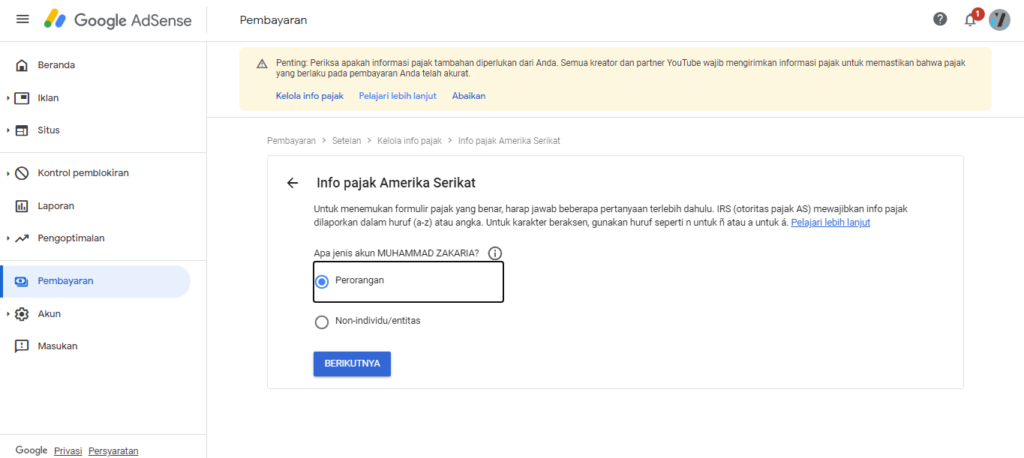 cara mengisi info pajak google adsense