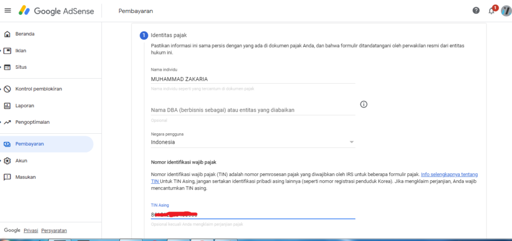 cara mengisi informasi pajak google adsense