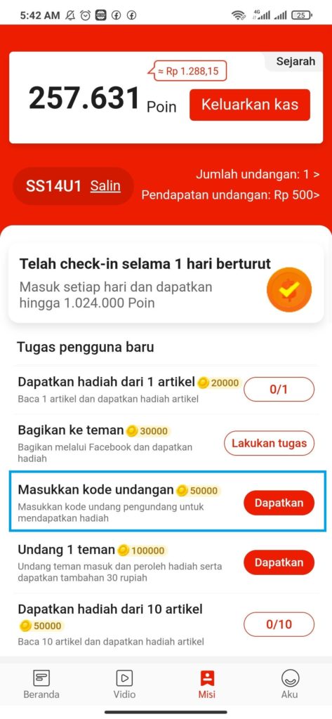 memasukan kode undangan di aplikasi Indo Today