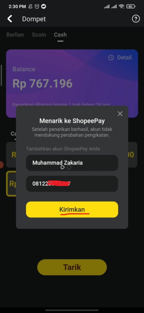 Cara tarik saldo snack video lewat shopeepay
