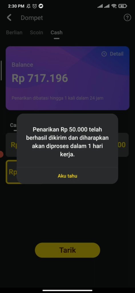 bukti penarikan Snack Video