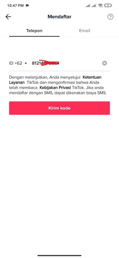 cara mendaftarkan nomor hp di TikTok