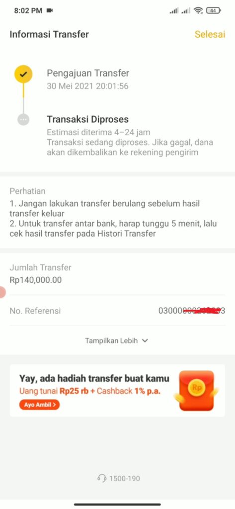 Bukti penarikan dari Aplikasi Bank Neo