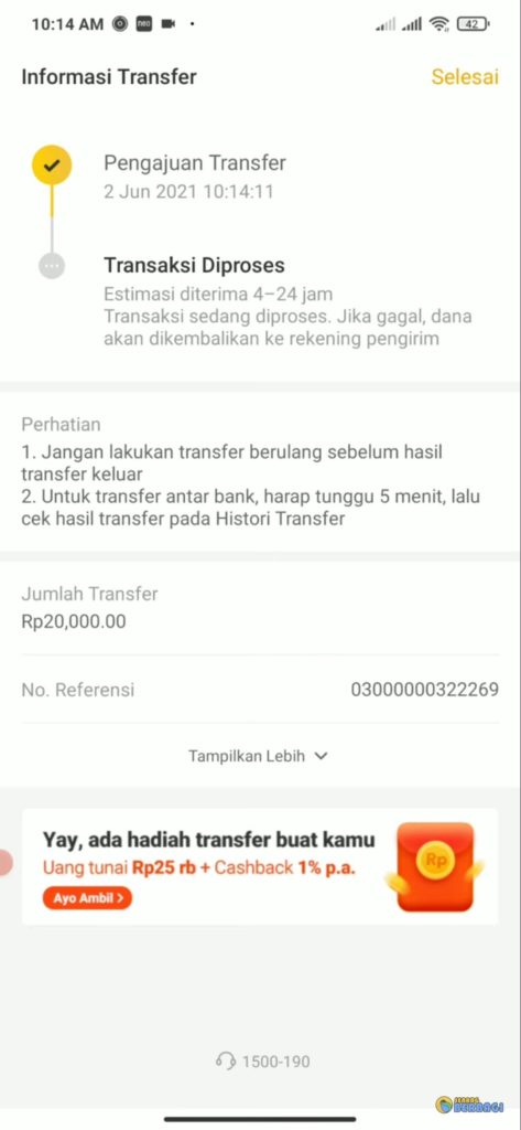 Bukti transfer uang di Aplikasi Bank Neo