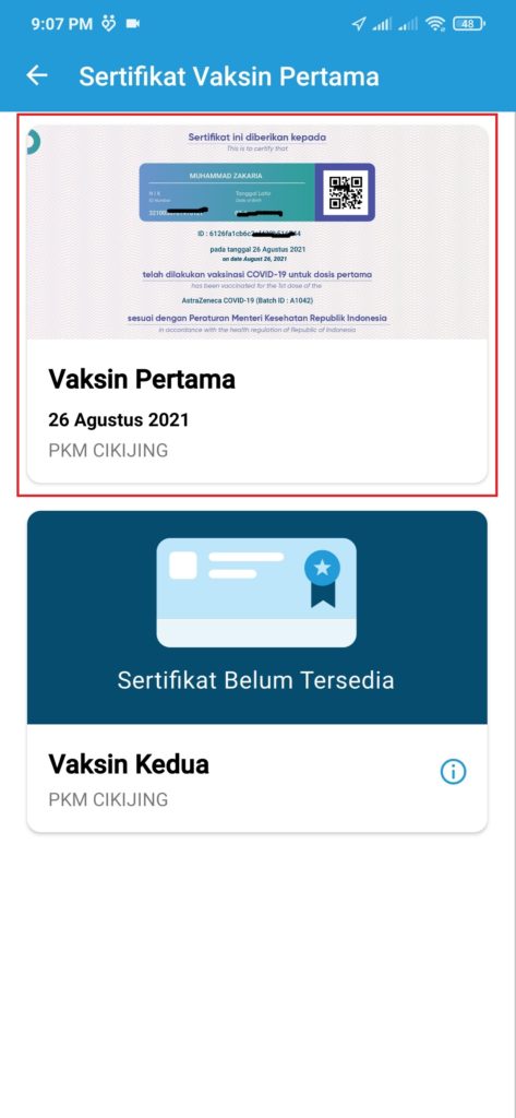 download sertifikat vaksin pertama dari peduli lindungi