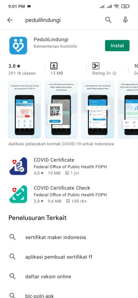 instal aplikasi peduli lindungi