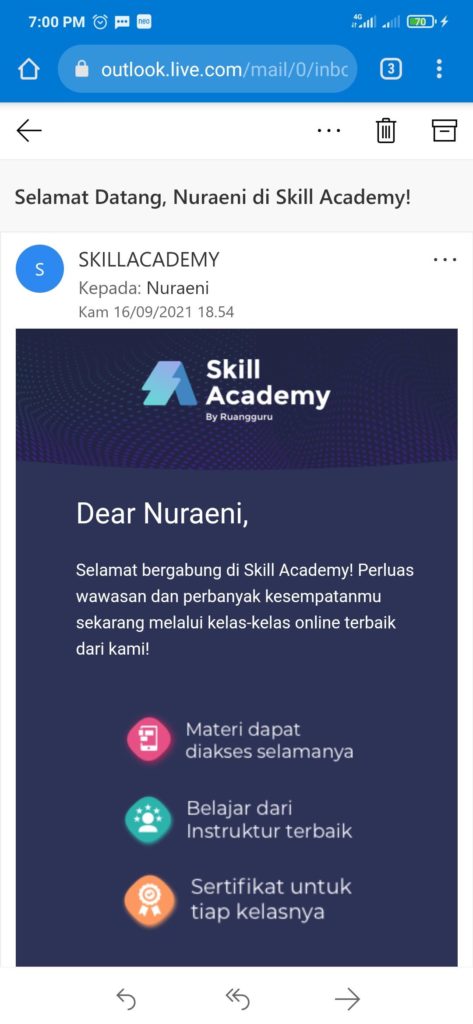 Email berhasil daftar dari situs Skill Academy