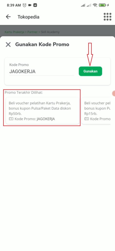 cara menggunakan kupon diskon 50 ribu tokopedia kartu prakerja