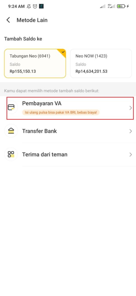 cara mengecek nomor Virtua Akun Bank Neo