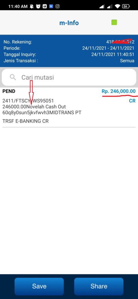 Bukti Pembayaran Uang Tunai dari Aplikasi Novelah