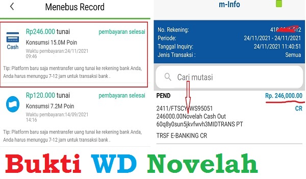 Bukti Pembayaran Uang Tunai dari Aplikasi Novelah Terbaru