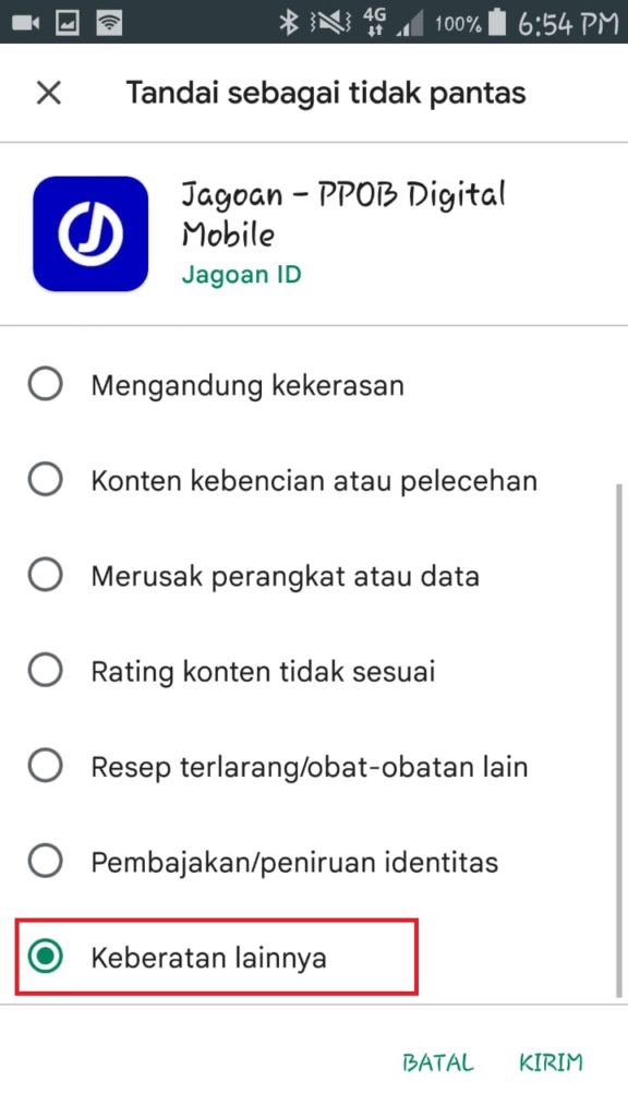 cara lapor aplikasi tidak pantas pada aplikasi Jagoan PPOB