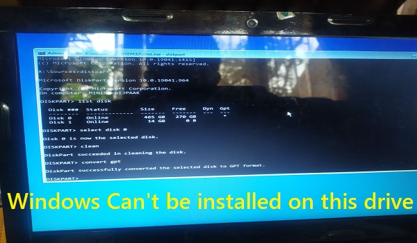 Windows Cant be installed on this drive