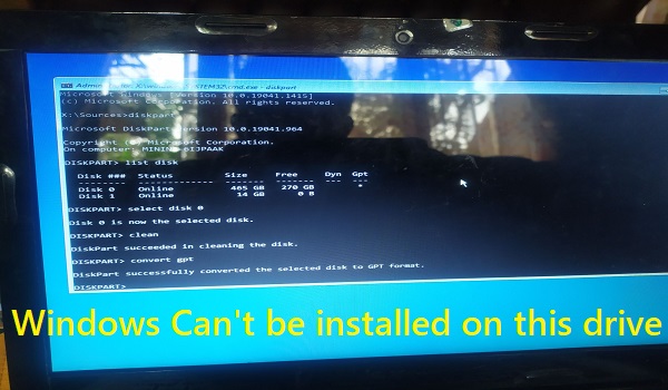 Windows Cant be installed on this drive
