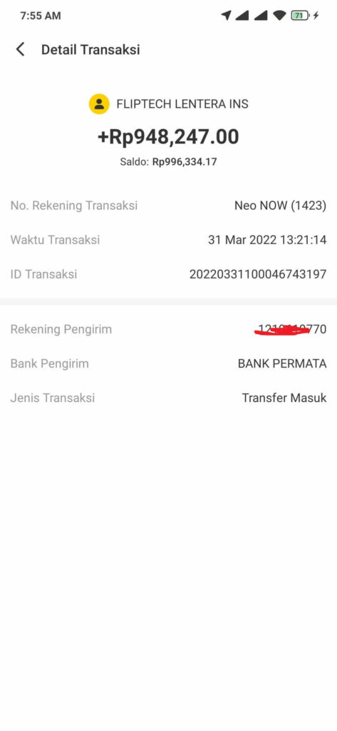 bukti pembayaran dari treasury ke bank neo commerce