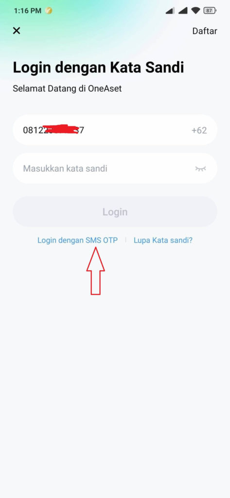 cara login di aplikasi oneaset dengan sms kode otp