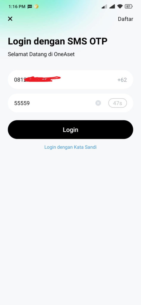 cara login aplikasi oneaset dengan tanpa kata sandi