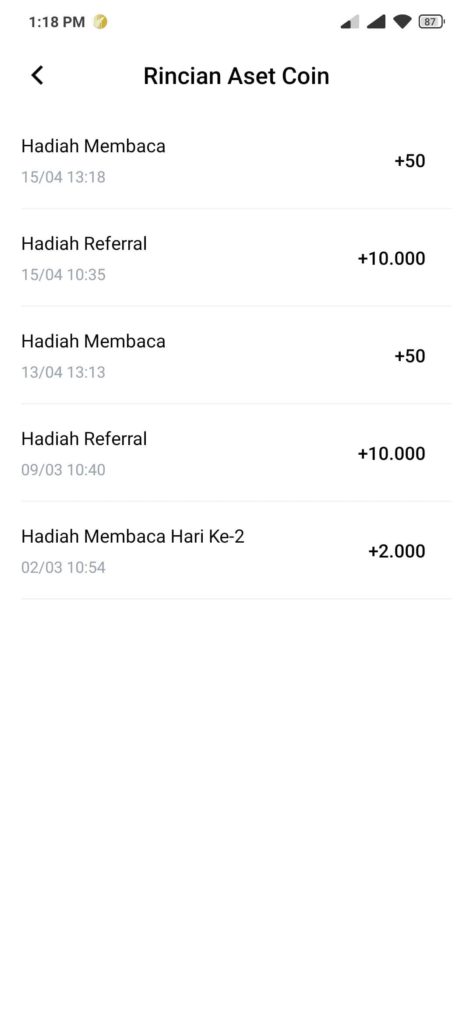 hadiah koin dari aplikasi oneaset