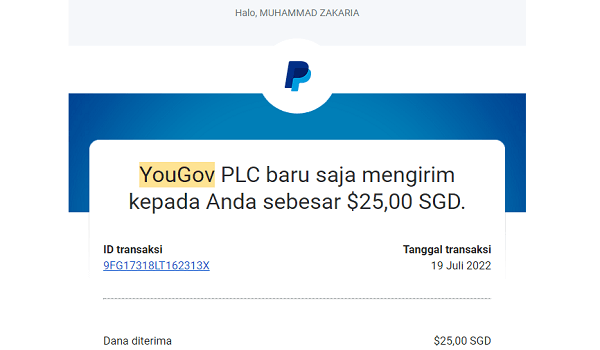 Bukti Pembayaran Tebaru dari Yougov Survei Online