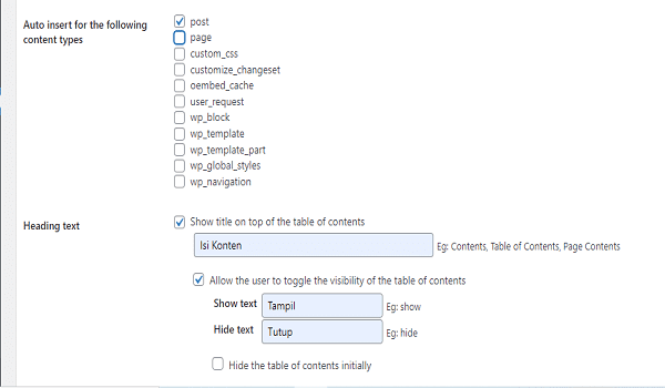 cara mengatur Table of contents plus