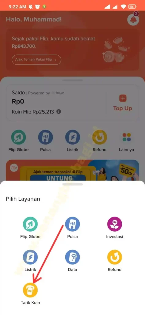 Tarik Koin di aplikasi flip