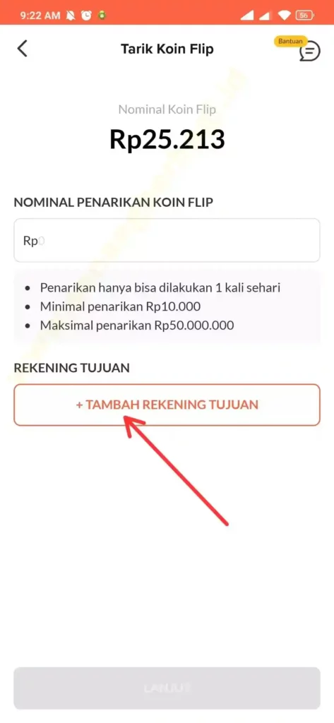 cara menambahkan rekening tujuan untuk menarik koin flip