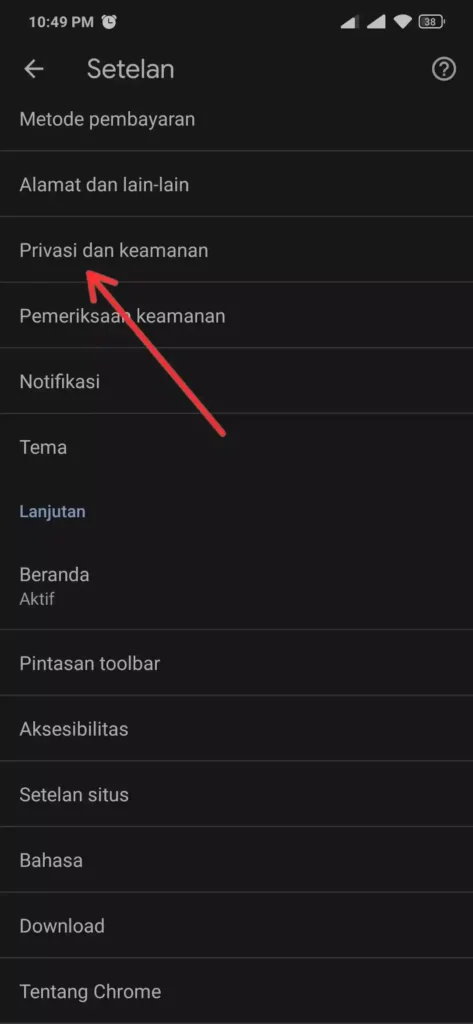 cara masuk di privasi dan keamanan