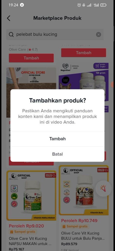 Tambah produk di Video Tiktok