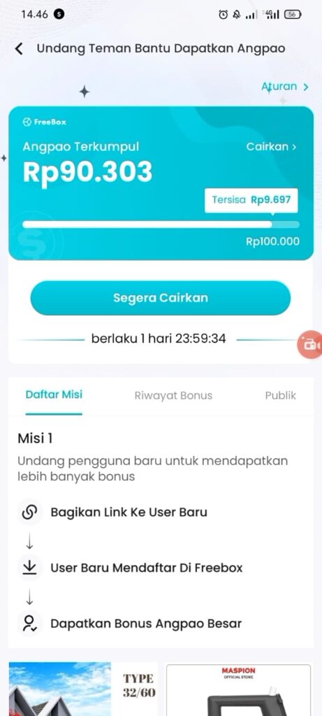 Cara Undang Teman di Aplikasi Freebox Bonus Angpao Uang Tunai 100 Ribu