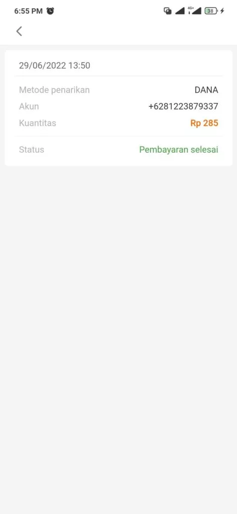 Bukti Rewayat Penarikan Saldo Apliaksi Bling Story