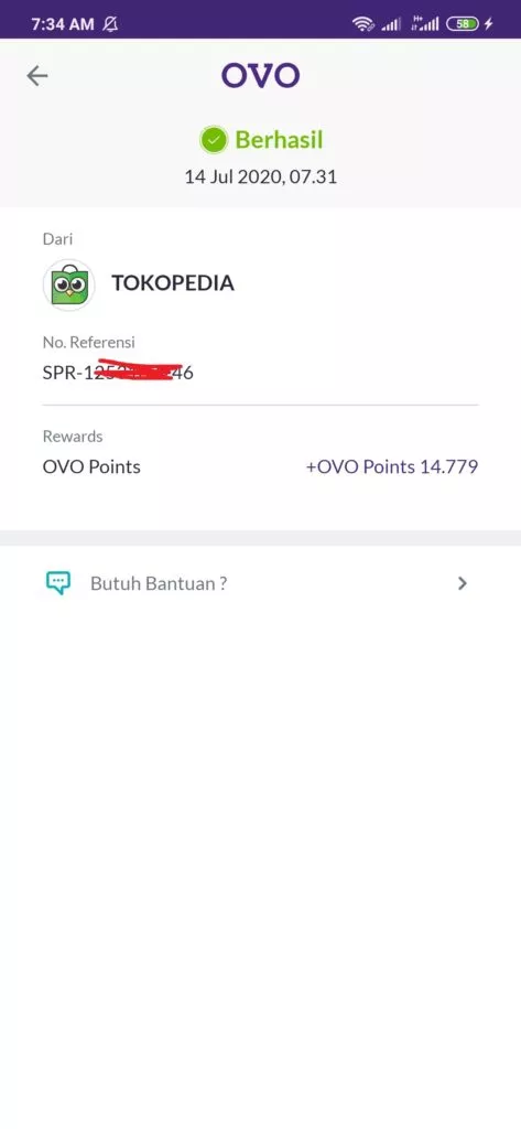 Bukti Cahcback Sudah Masuk dari Tokopedia
