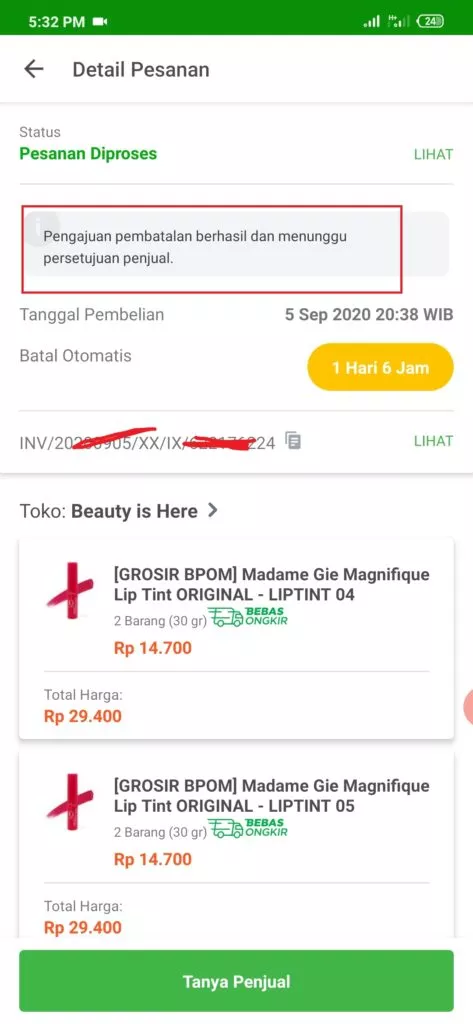 bukti pembatalan dari aplikasi Tokopedia