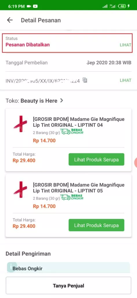 bukti pesanan dibatalkan dari aplikasi tokopedia