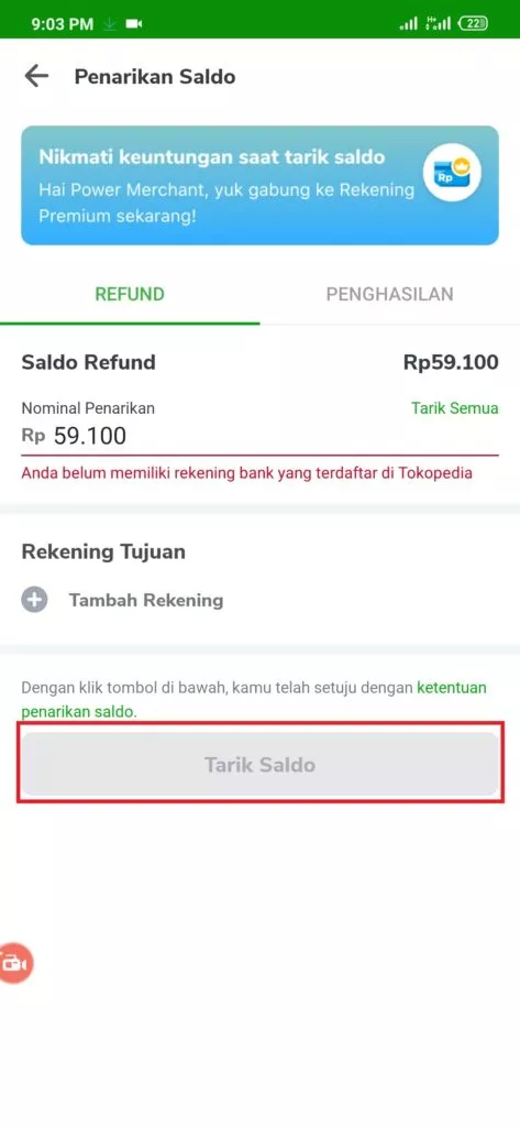 penarikan uang ke rekening bank kita dari tokopedia